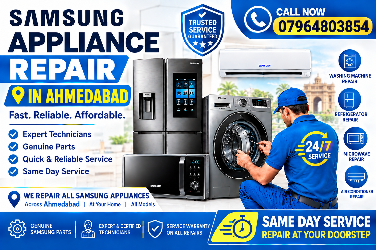 We Provide Professional And Dependable Samsung Home Appliance Repair Services Across Ahmedabad. Our Trained Technicians Have Experience In Inspecting, Diagnosing, Repairing, And Maintaining A Wide Range Of Samsung Home Appliances, Including Washing Machines, Refrigerators, Air Conditioners, Microwave Ovens, Dishwashers, Clothes Dryers, And Smart TVs Samsung Appliance Repair Ahmedabad